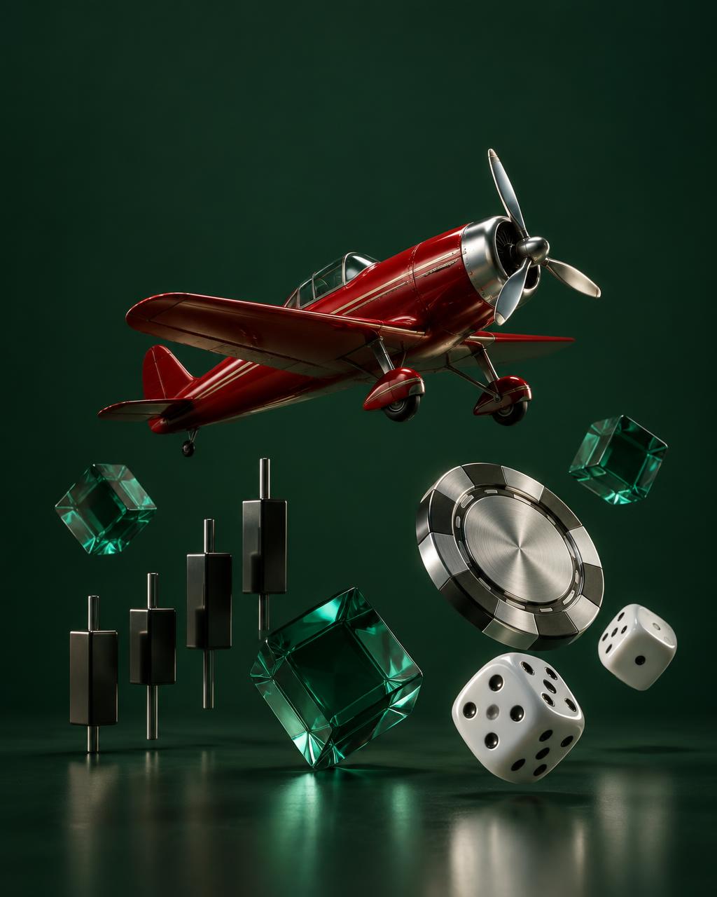 A red airplane, emerald cubes, silver chip and dice